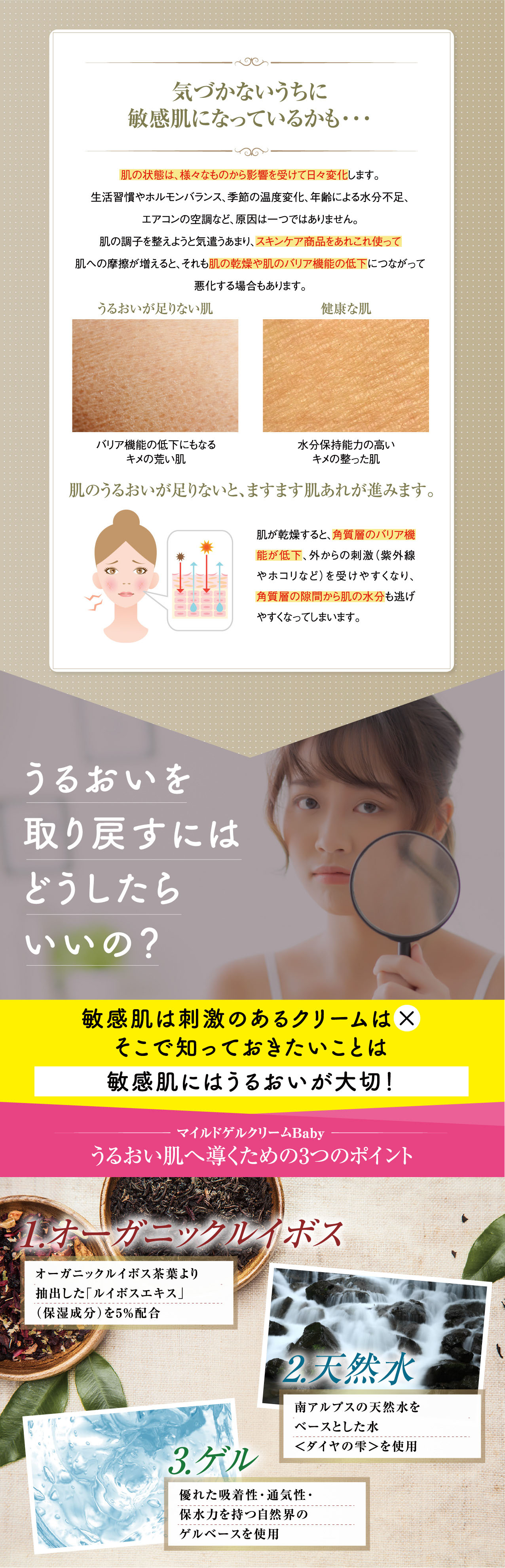 づかないうちに敏感肌になっているかも・・・ 肌の状態は、様々なものから影響を受けて日々変化します。生活習慣やホルモンバランス、季節の温度変化、年齢による水分不足、エアコンの空調など、原因は一つではありません。肌の調子を整えようと気遣うあまり、スキンケア商品をあれこれ使って肌への破擦が増えると、それも肌の乾燥や肌のバリア機能の低下につながって悪化する場合もあります。 うるおいが足りない肌 バリア機能の低下にもなるキメの荒い肌 健康な肌 水分保持能力の高いキメの整った肌 肌のうるおいが足りないと、ますます肌あれが進みます。肌が乾燥すると、角質層のバリア機能が低下、外からの刺激(紫外線やホコリなど)を受けやすくなり、角質層の隙間から肌の水分も逃げやすくなってしまいます。うるおいを取り戻すにはどうしたらいいの？敏感肌は刺激のあるクリームは× そこで知っておきたいことは敏感肌にはうるおいが大切! マイルドゲルクリームBabyうるおい肌へ導くための3つのポイント 1.オーガニックルイボス オーガニックルイボス茶葉より抽出した「ルイボスエキス」(保湿成分)を5%配合 2.天然水 南アルプスの天然水をベースとした水＜ダイヤの雫＞を使用 3.ゲル 優れた吸着性・通気性・保水力を持つ自然界のゲルベースを使用